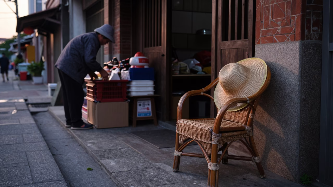 Tainan Taiwan Early Morning Street Scene with Rattan Chair and Straw Hat in in Tainan, Taiwan