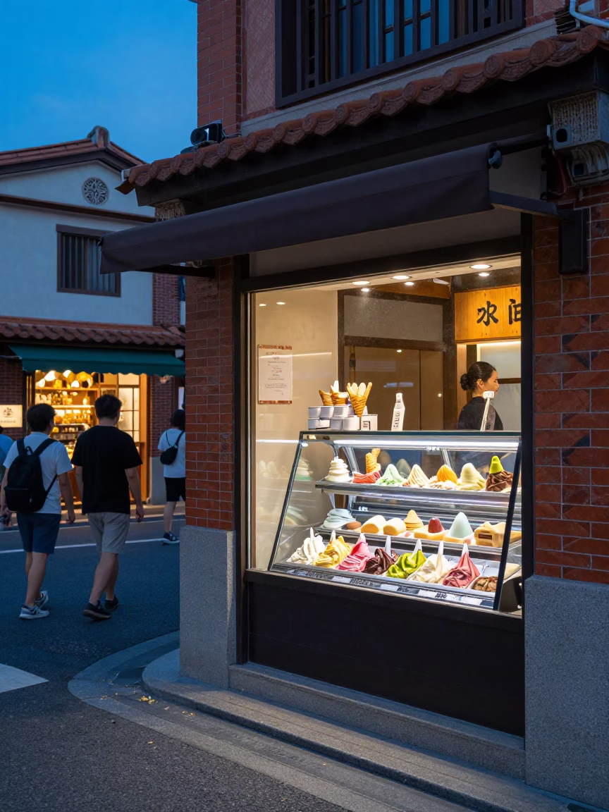 Tainan Taiwan Evening Street Scene Gelato Display Window with Pedestrians in in Tainan, Taiwan
