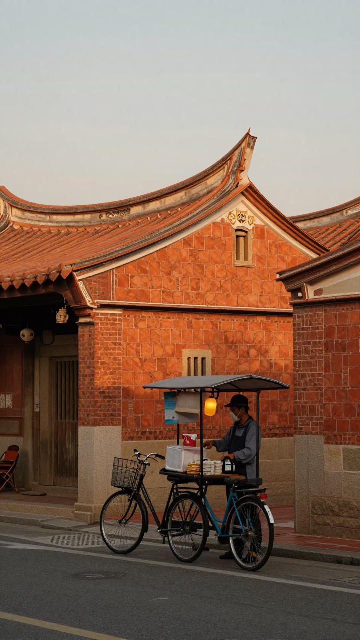 Tainan Taiwan Evening Street Scene with Bicycle Basket and Traditional Architecture in in Tainan, Taiwan