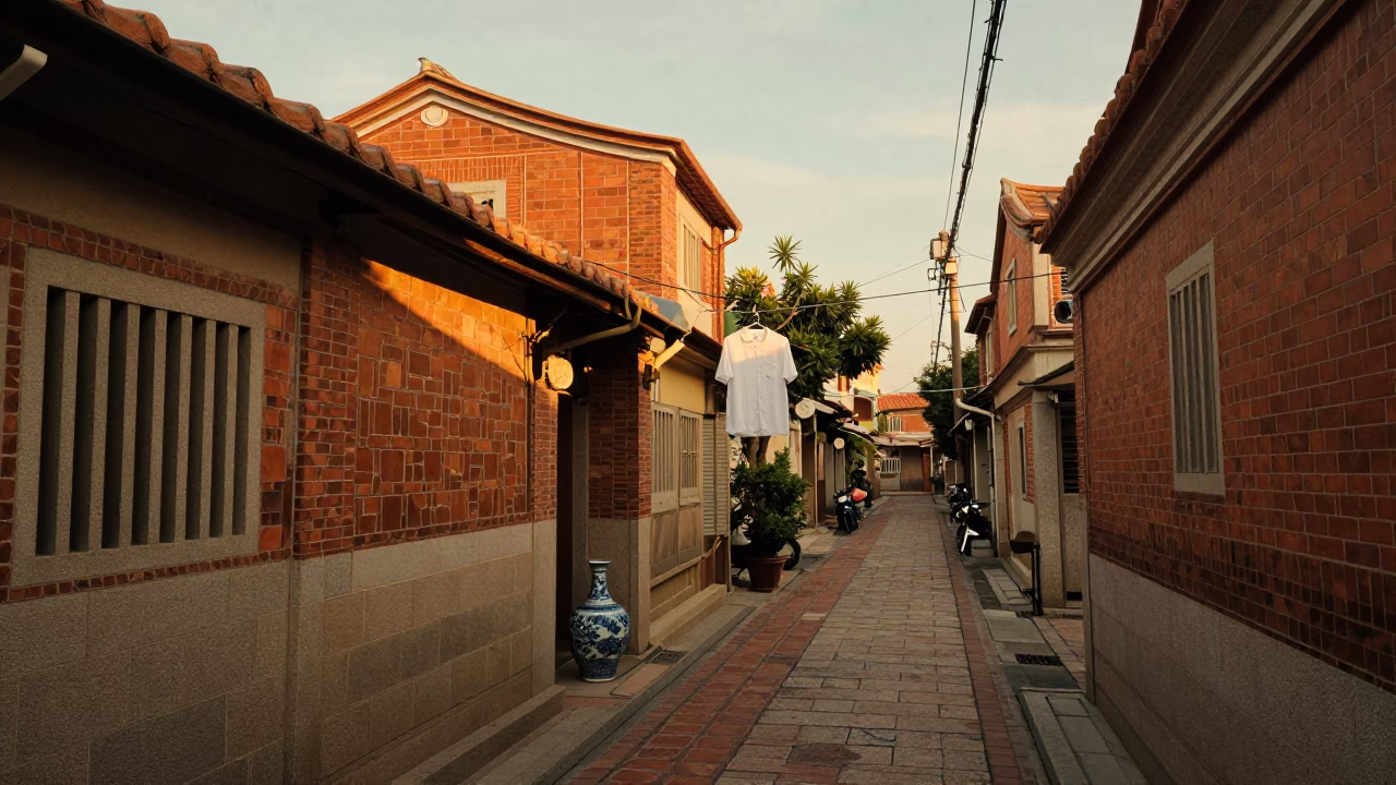 Tainan Taiwan Evening Street Scene with Blue and White Porcelain and Clotheslines in in Tainan, Taiwan