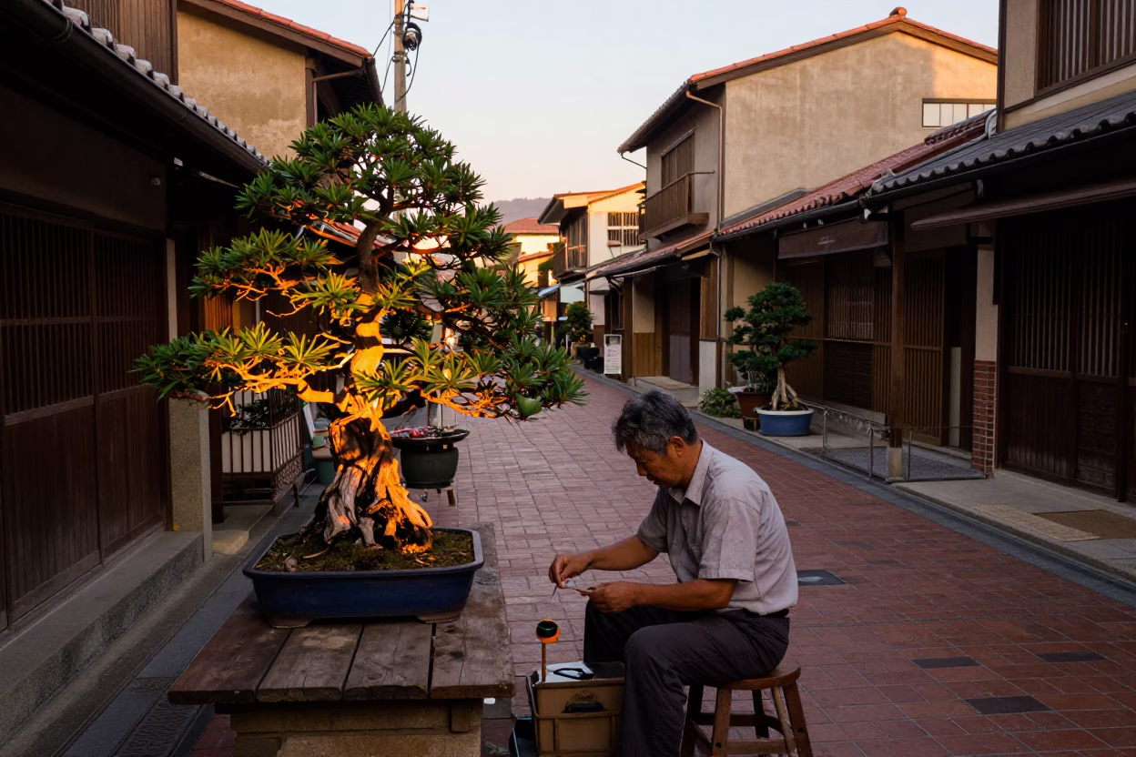 Tainan Taiwan Evening Street Scene with Bonsai Juniper and Local Craftsman in in Tainan, Taiwan