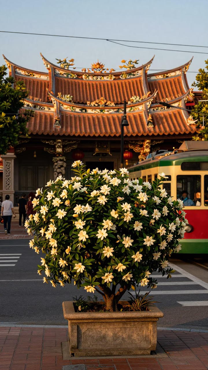 Tainan Taiwan Evening Street Scene with Gardenia Bush and Tram in in Tainan, Taiwan