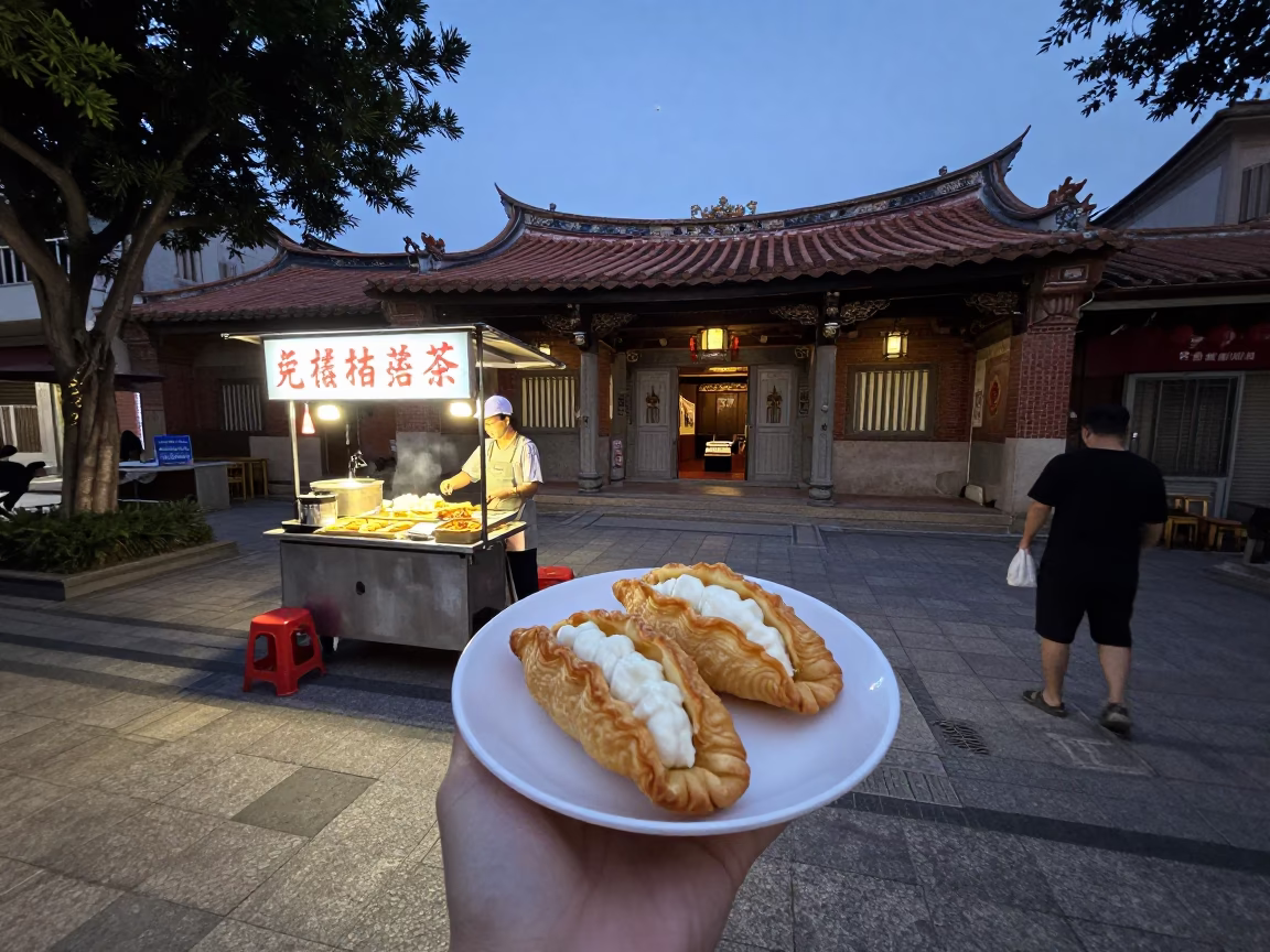 Tainan Taiwan Evening Street Scene with Local Dessert and Traditional Architecture in in Tainan, Taiwan