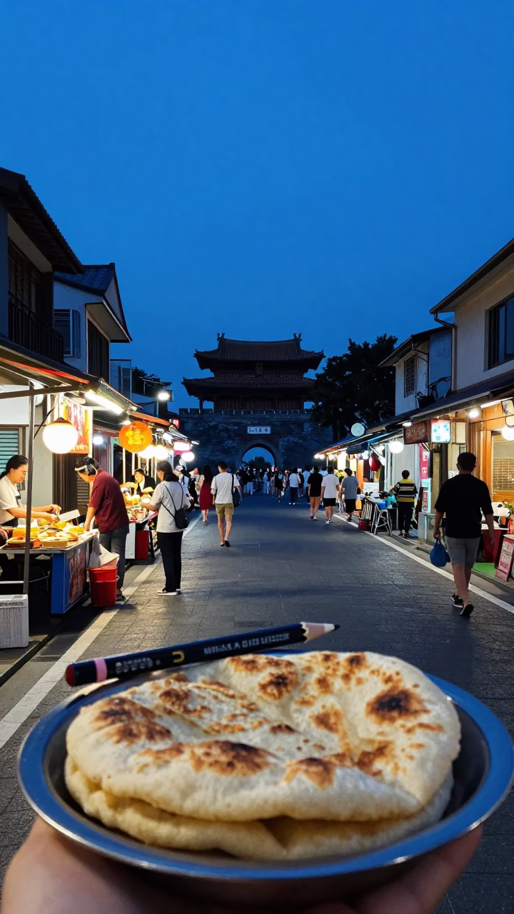 Tainan Taiwan Evening Street Scene with Mechanical Pencil and Arepa Tray in in Tainan, Taiwan