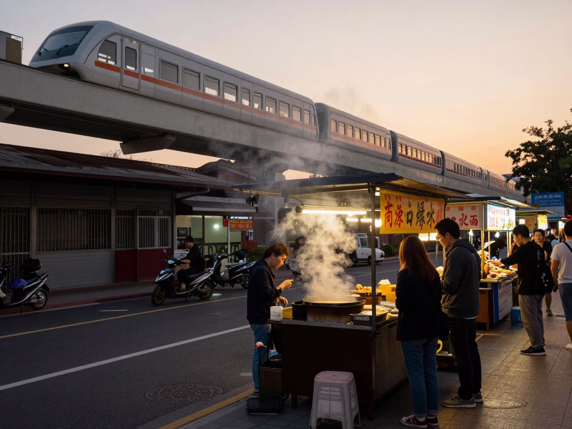Tainan Taiwan Evening Street Scene with Monorail and Street Food Stall in in Tainan, Taiwan