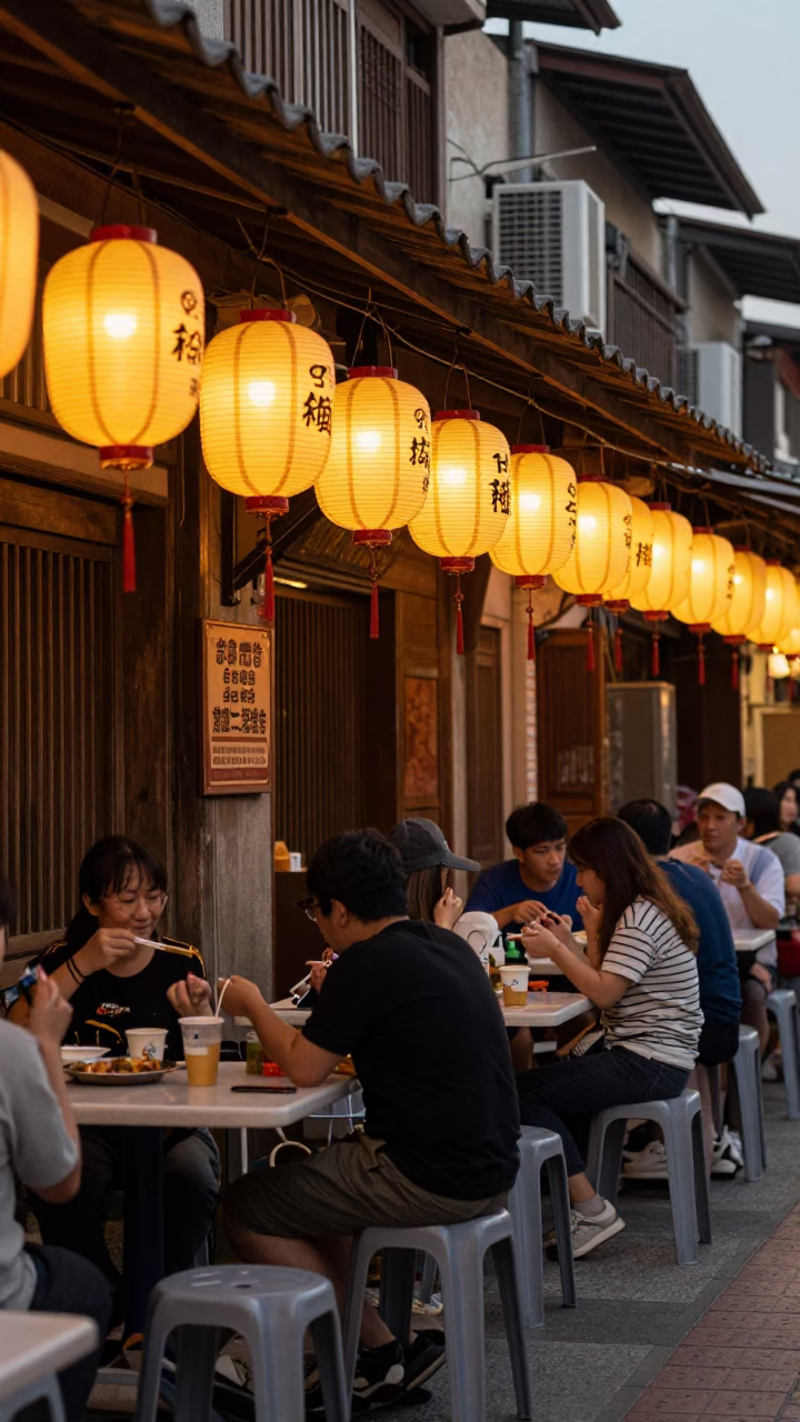 Tainan Taiwan Evening Street Scene with Paper Lanterns and Local Diners in in Tainan, Taiwan
