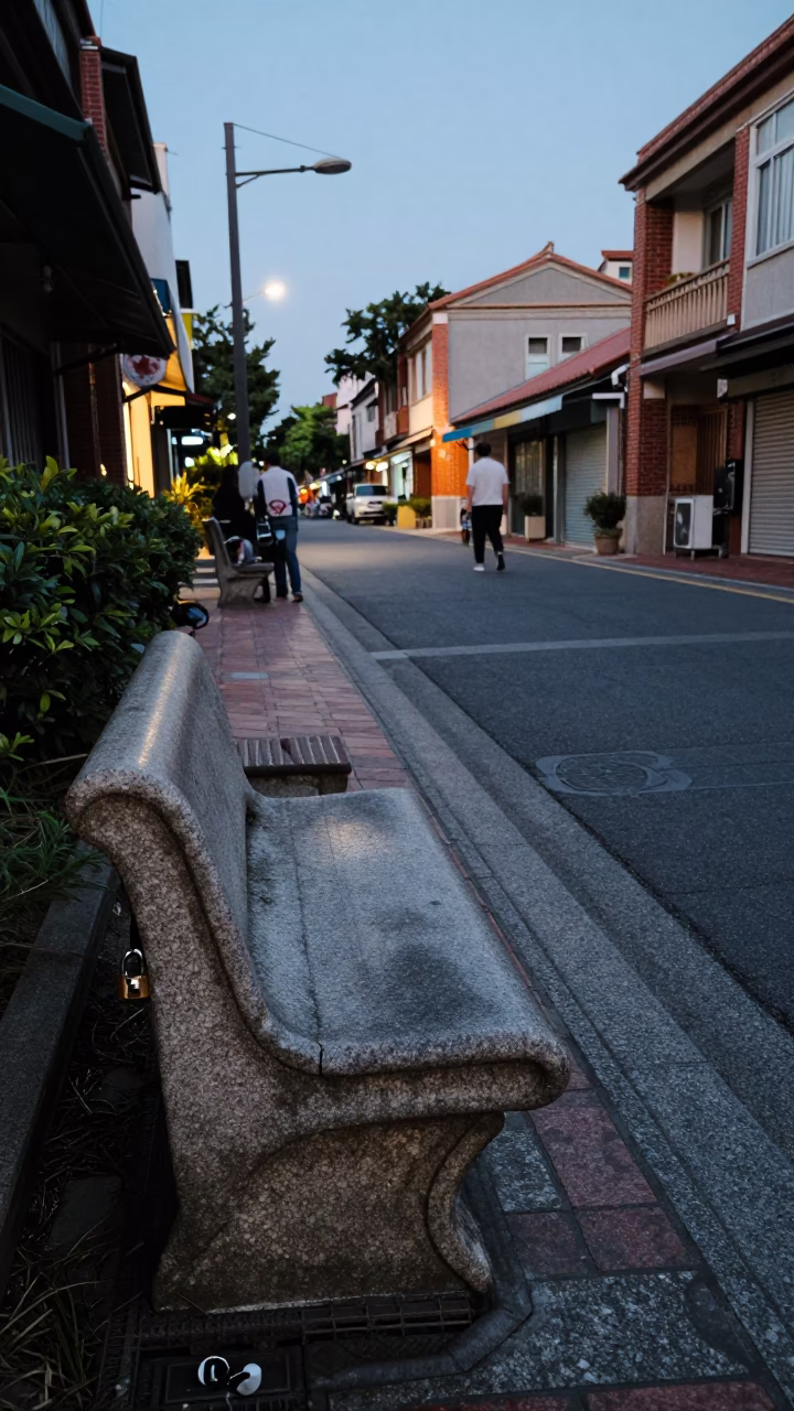 Tainan Taiwan Evening Street Scene with Stone Bench and Padlock in in Tainan, Taiwan