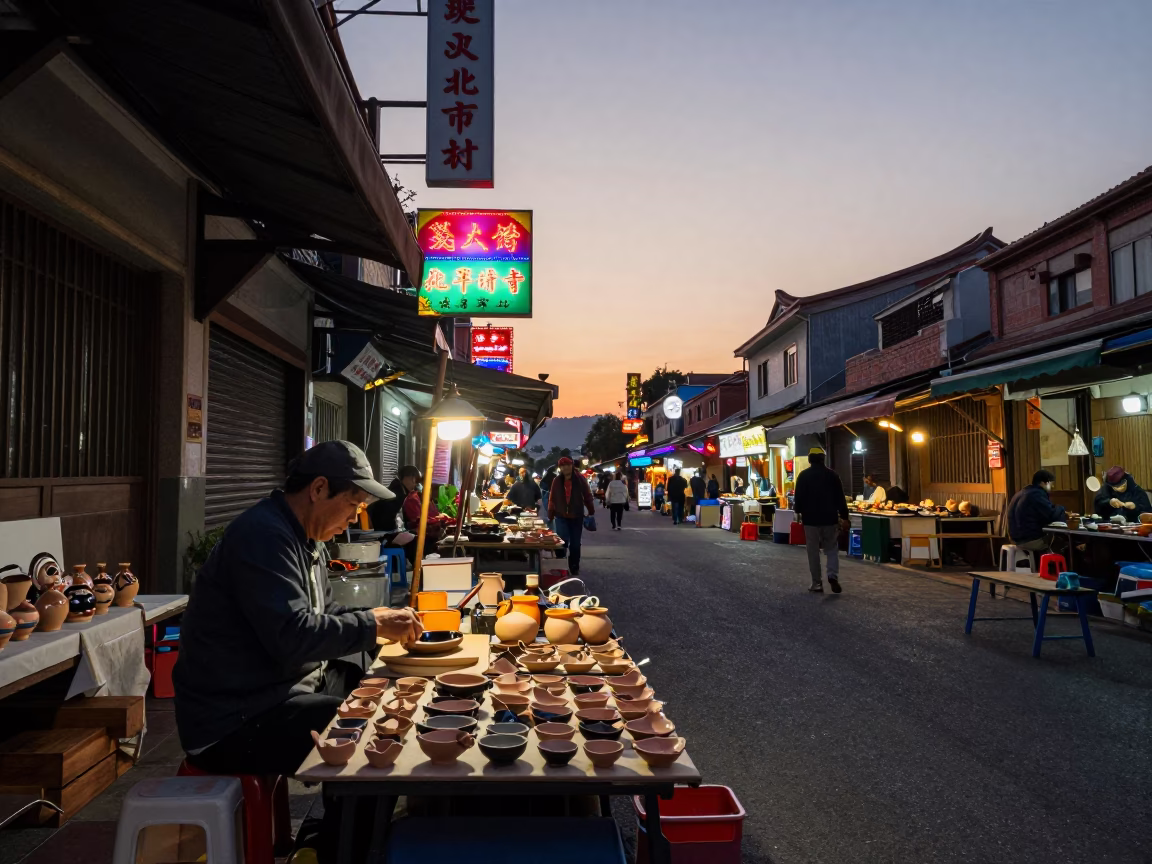 Tainan Taiwan Evening Street Scene with Traditional Pottery and Local Market Activity in in Tainan, Taiwan