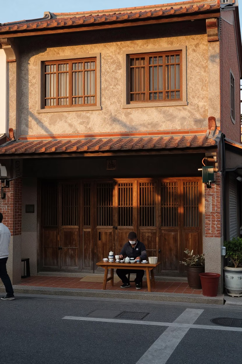 Tainan Taiwan Evening Street Scene with Traditional Tea Service and Local Market Activity in in Tainan, Taiwan