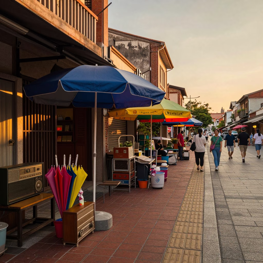 Tainan Taiwan Evening Street Scene with Umbrellas and Vintage Radio in in Tainan, Taiwan