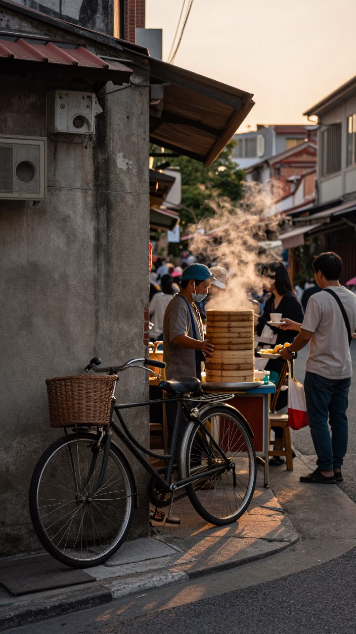 Tainan Taiwan Evening Street Scene with Vintage Bicycle and Local Food Stall in in Tainan, Taiwan