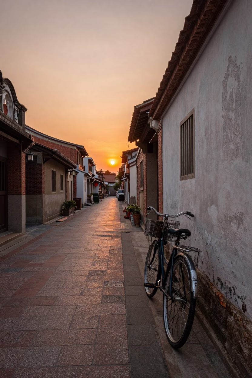 Tainan Taiwan Evening Street Scene with Vintage Bicycle and Plaster Wall Light in in Tainan, Taiwan