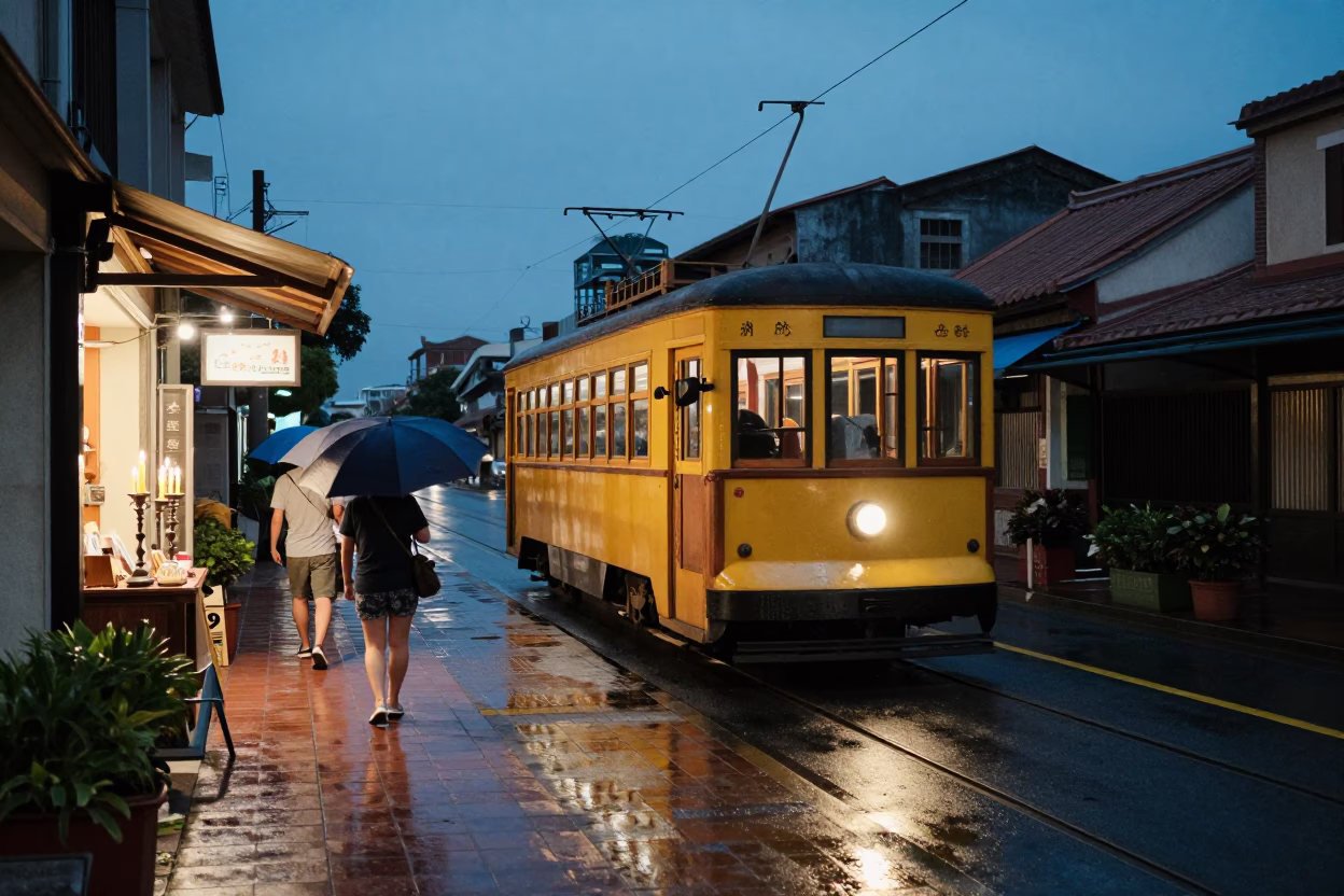 Tainan Taiwan Evening Street Scene with Vintage Tram and Local Commerce in in Tainan, Taiwan