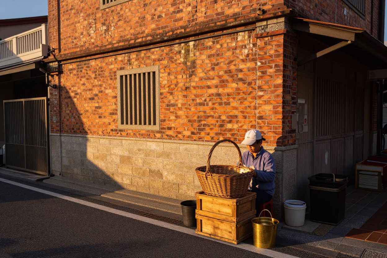 Tainan Taiwan Evening Street Scene with Wicker Basket and Brass Latch in in Tainan, Taiwan