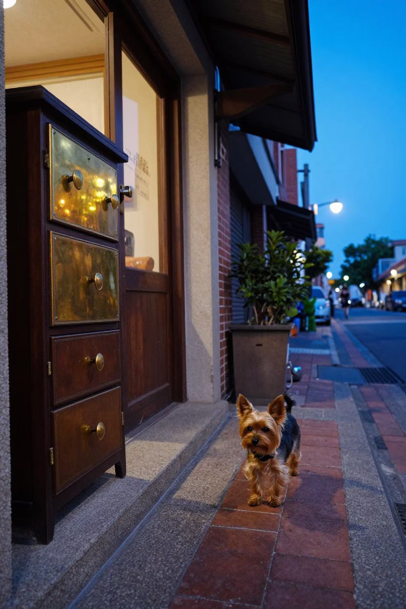Tainan Taiwan Evening Street Scene with Yorkshire Terrier and Vintage Details in in Tainan, Taiwan