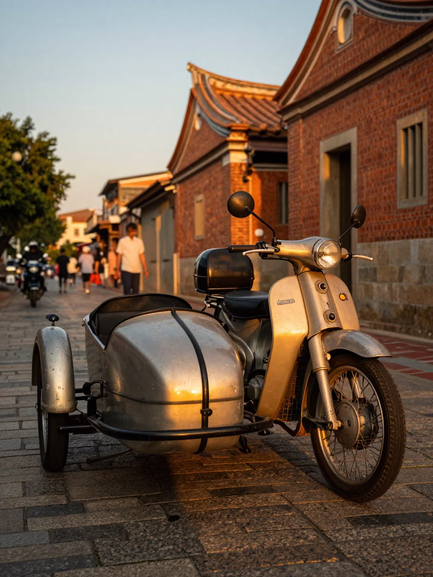 Tainan Taiwan Honeyed Evening Street Scene with Vintage Motorcycle Sidecar and Latch in in Tainan, Taiwan