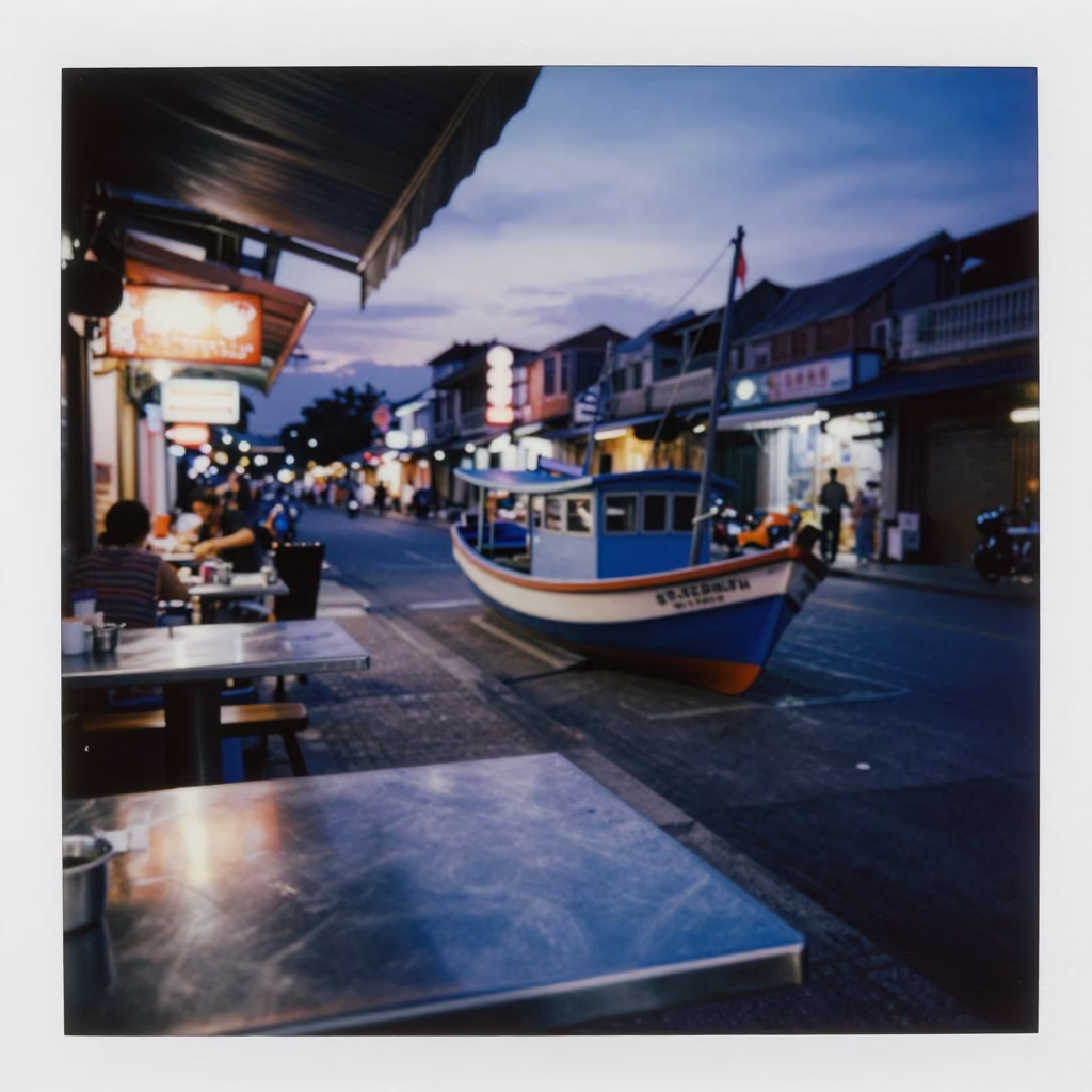 Tainan Taiwan indigo twilight street scene with fishing prau and brushed steel tabletop in in Tainan, Taiwan