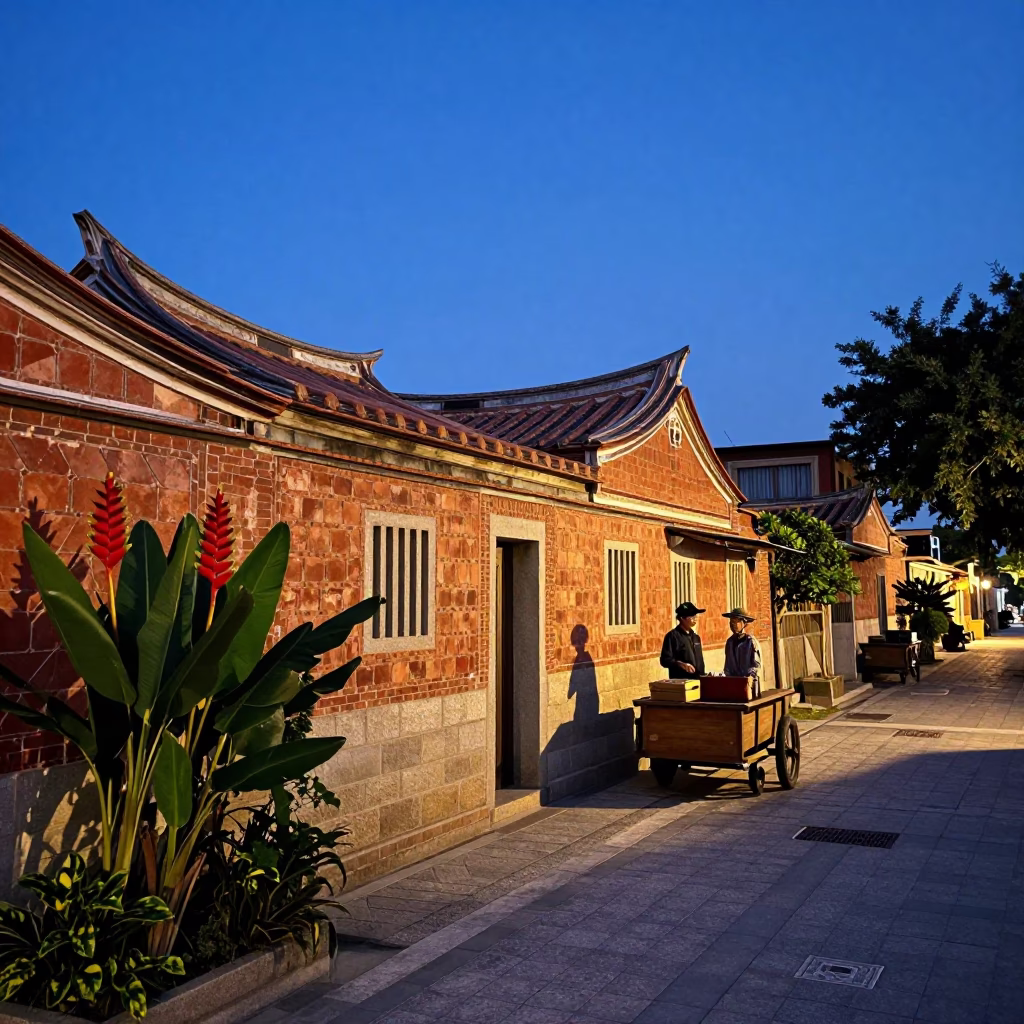 Tainan Taiwan Indigo Twilight Street Scene with Heliconia Flowers and Traditional Architecture in in Tainan, Taiwan