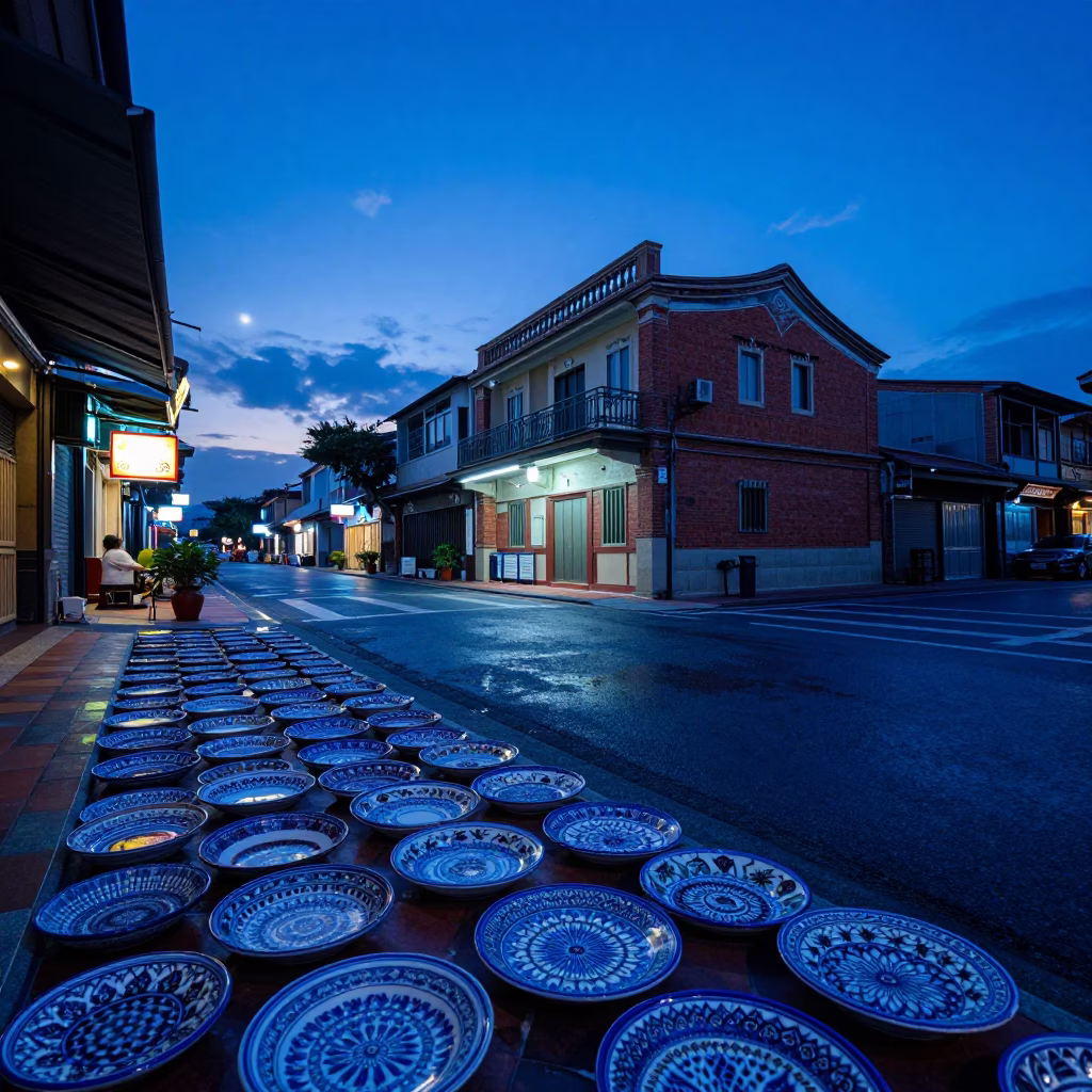 Tainan Taiwan indigo twilight street scene with majolica plates and casual dining in in Tainan, Taiwan
