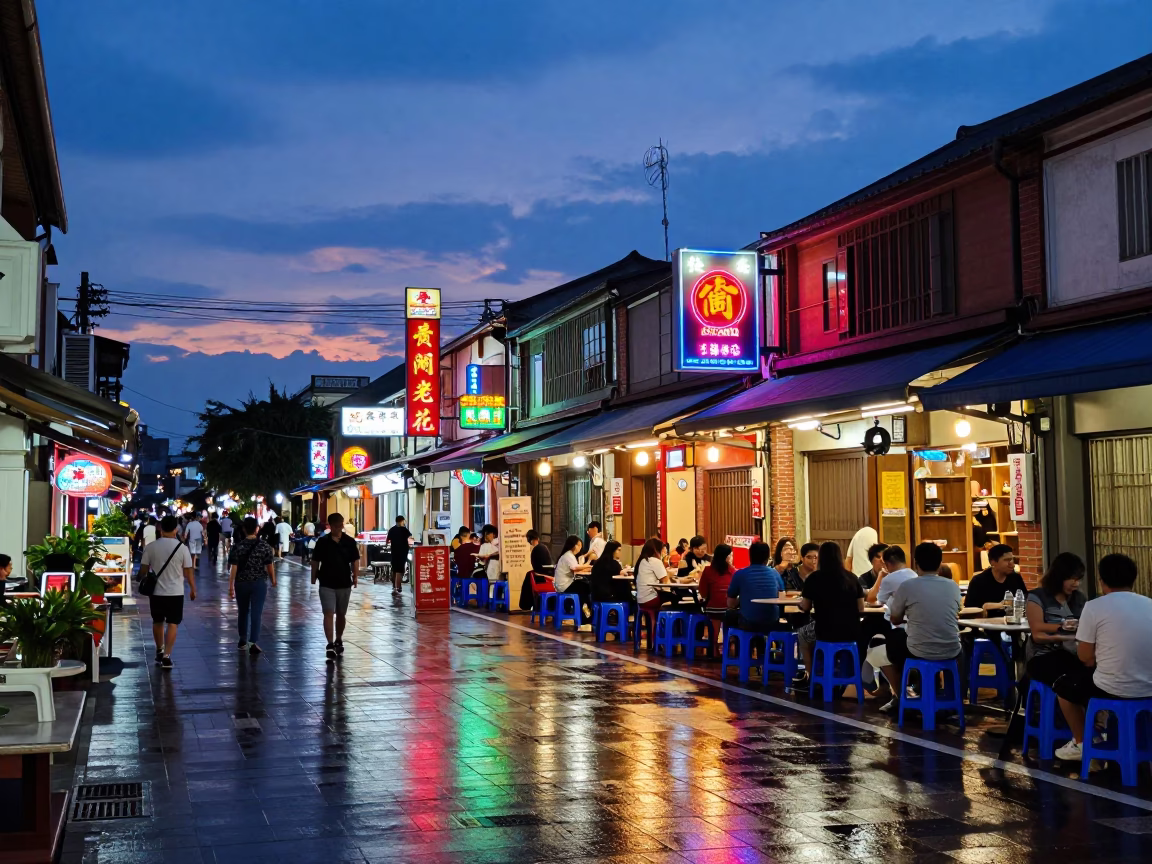 Tainan Taiwan Indigo Twilight Street Scene with Neon Signs and Local Dining in in Tainan, Taiwan