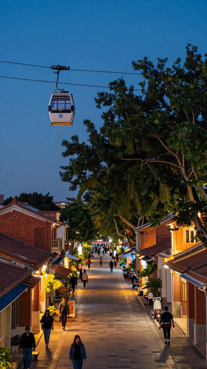 Tainan Taiwan indigo twilight street scene with traditional architecture and urban life in in Tainan, Taiwan