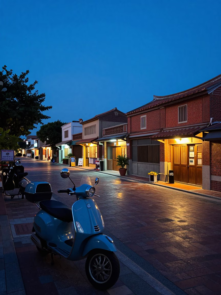 Tainan Taiwan indigo twilight street scene with Vespa and local vendors in in Tainan, Taiwan
