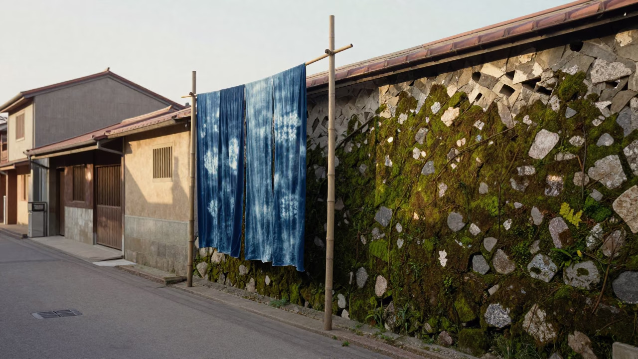 Tainan Taiwan Late Afternoon Street Scene with Mossy Stone Wall and Indigo Fabric in in Tainan, Taiwan