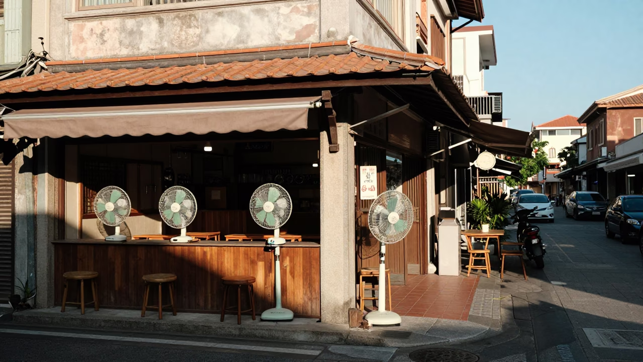 Tainan Taiwan Late Afternoon Street Scene with Table Fans and Traditional Architecture in in Tainan, Taiwan