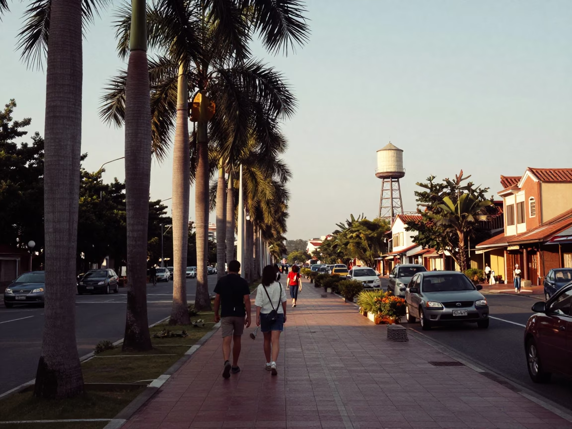 Tainan Taiwan Late Afternoon Street Scene with Water Tower and Palm Avenue in in Tainan, Taiwan
