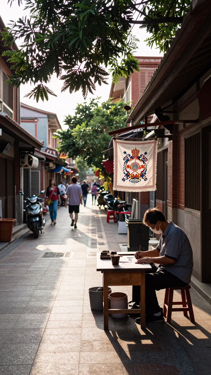 Tainan Taiwan Late Morning Street Scene with Embroidered Thread and Potted Succulents in in Tainan, Taiwan