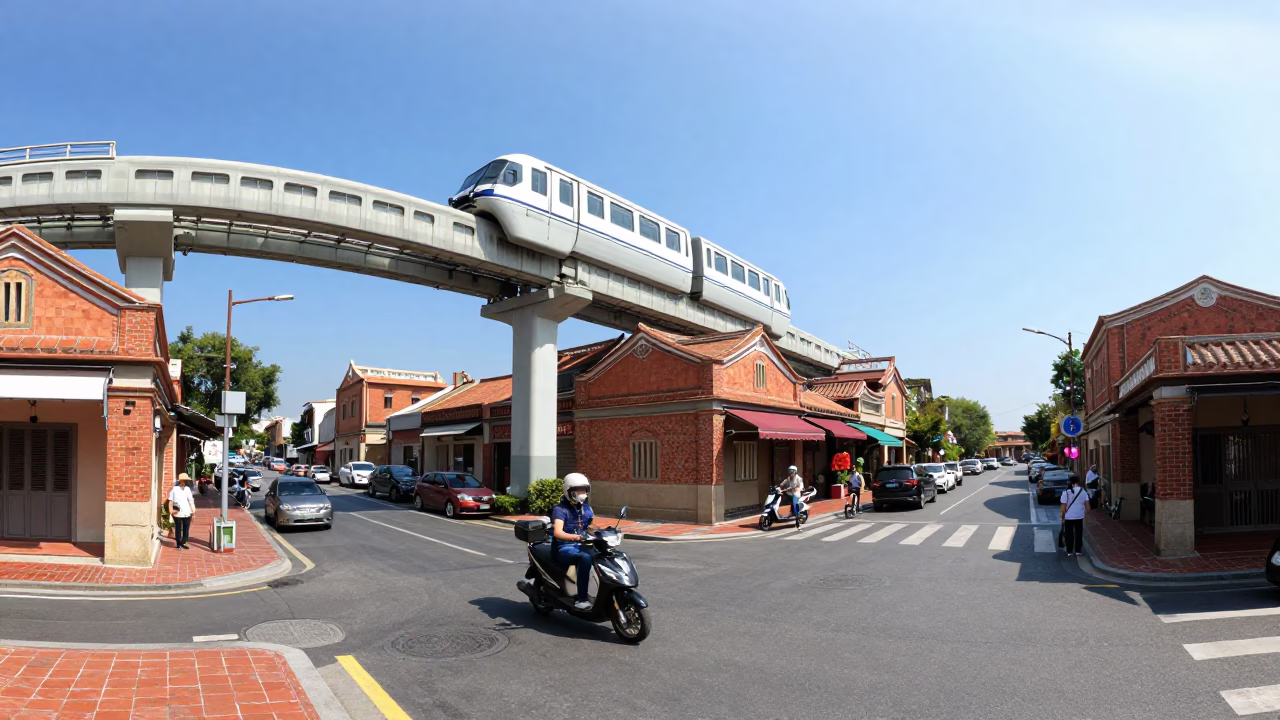 Tainan Taiwan midday street scene with monorail and traditional architecture in in Tainan, Taiwan