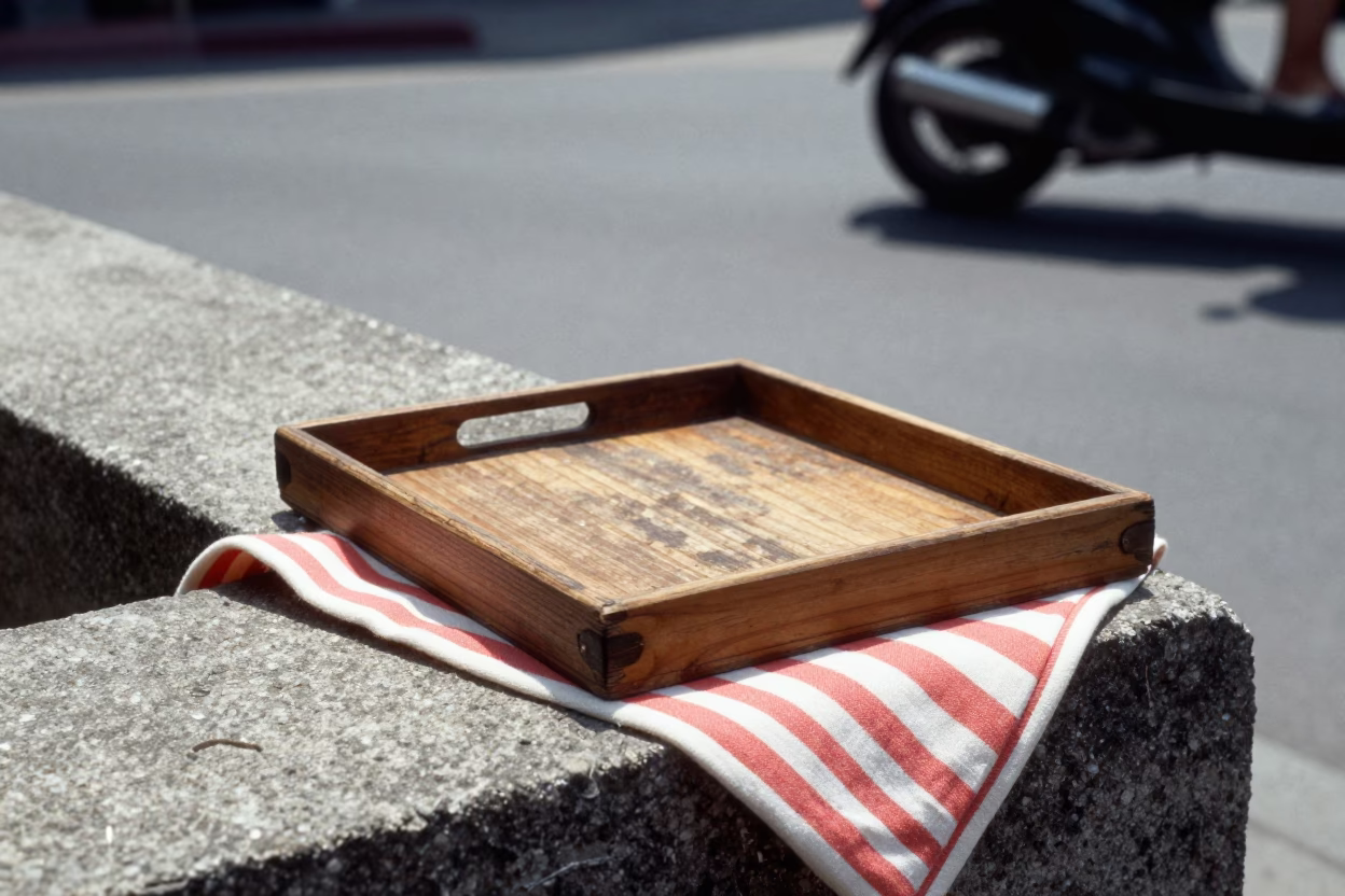 Tainan Taiwan Midday Sun Stripe Across Tray Corner Realistic 1970s Street Scene in in Tainan, Taiwan
