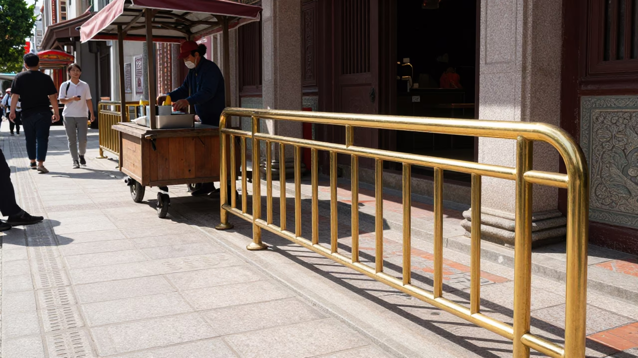 Tainan Taiwan Midmorning Street Scene with Polished Brass Rail and Local Commerce in in Tainan, Taiwan