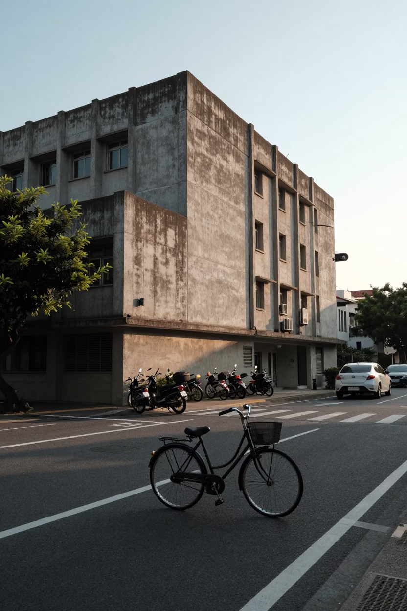 Tainan Taiwan Morning Street Scene with Bicycle and Concrete Architecture in in Tainan, Taiwan