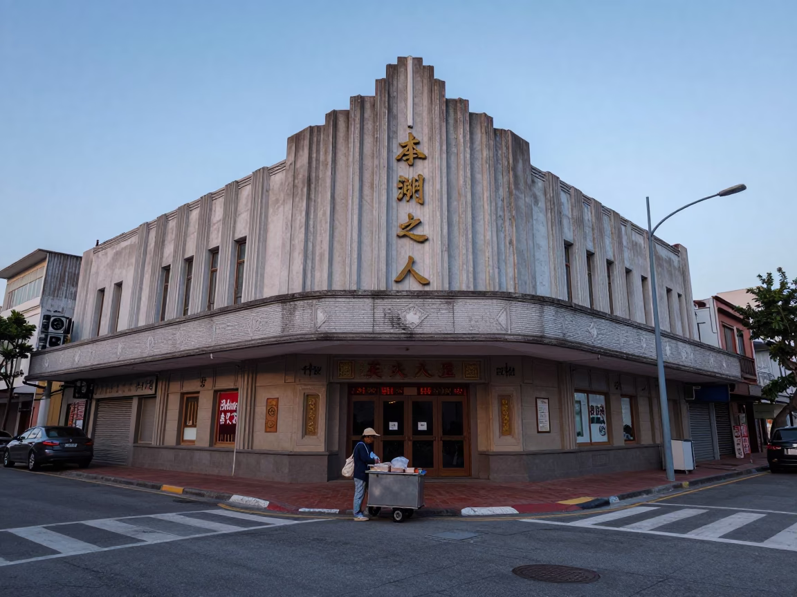 Tainan Taiwan Nautical Dawn Street Scene with Art Deco Cinema Facade in in Tainan, Taiwan