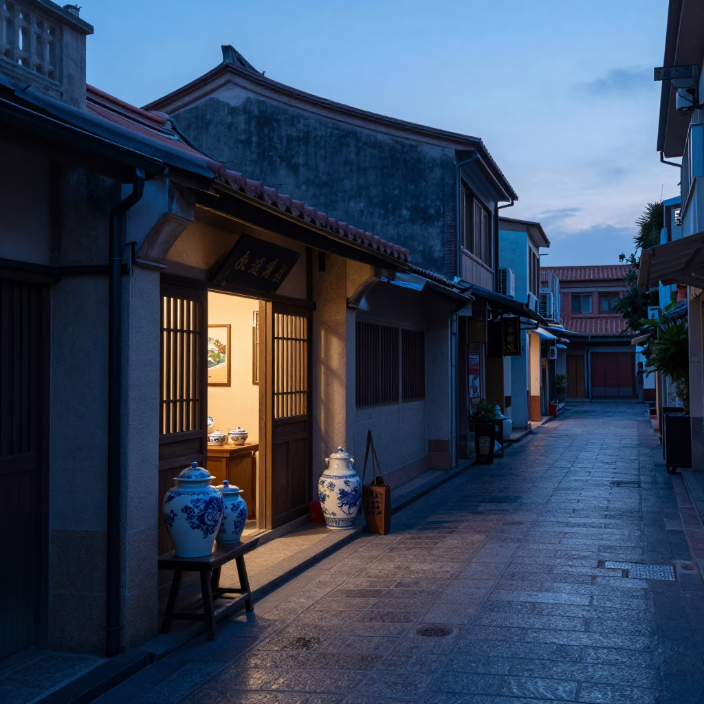 Tainan Taiwan Nautical Dawn Street Scene with Blue and White Porcelain and Leaf Shadows in in Tainan, Taiwan