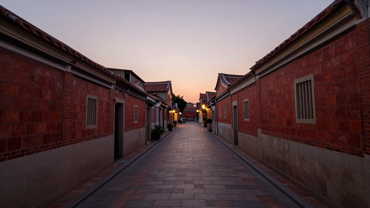 Tainan Taiwan Nautical Dawn Street Scene with Polished Brass Rim and Wicker Shadow in in Tainan, Taiwan
