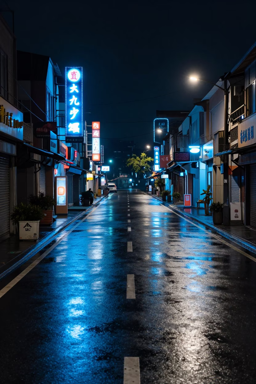 Tainan Taiwan night street scene with neon signs and wet pavement reflecting city lights in in Tainan, Taiwan