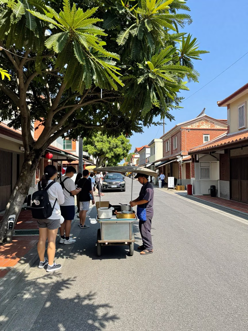 Tainan Taiwan Noon Street Scene with Fig Tree and Local Vendor in in Tainan, Taiwan