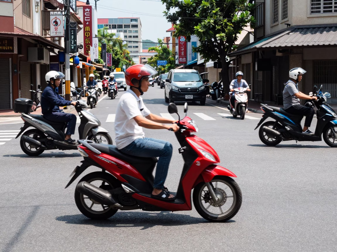 Tainan Taiwan Noon Street Scene with Scooter Traffic and Concrete Architecture in in Tainan, Taiwan