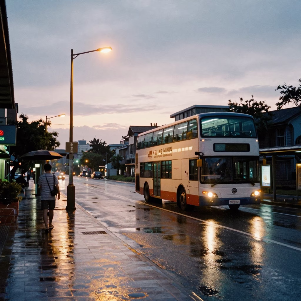 Tainan Taiwan Pre-Dawn Street Scene with Double Decker Bus at Rainy Stop in in Tainan, Taiwan