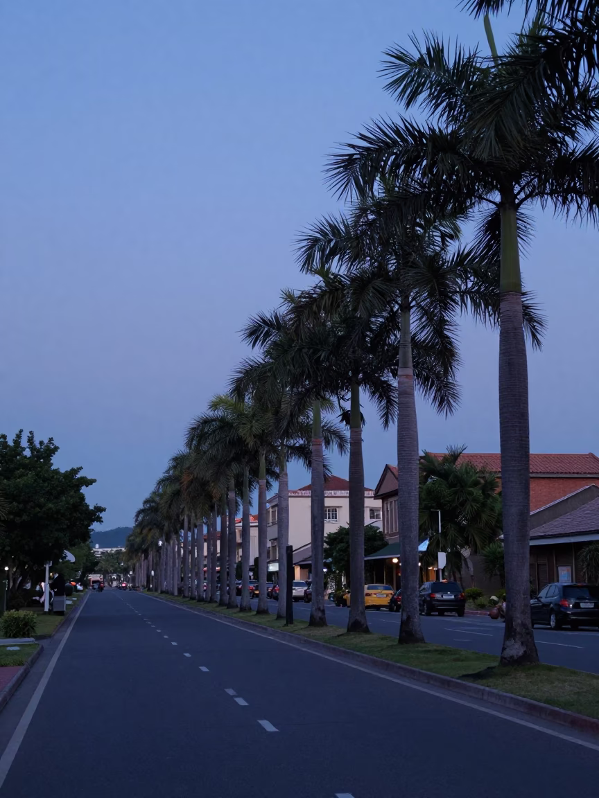 Tainan Taiwan Pre-Dawn Street Scene with Palm Avenue and Early Morning Activity in in Tainan, Taiwan