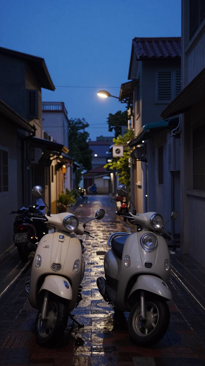 Tainan Taiwan Pre-Dawn Street Scene With Vintage Scooter And Wet Cobblestones in in Tainan, Taiwan