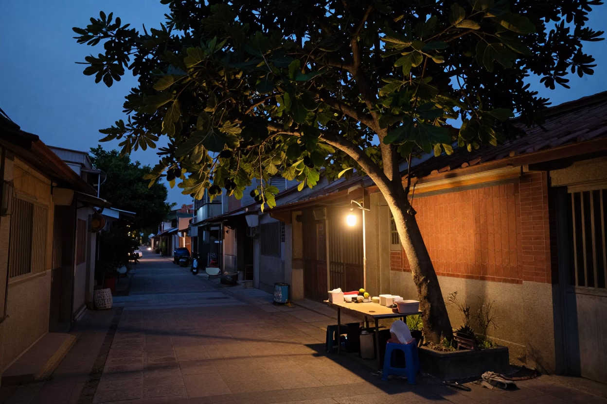 Tainan Taiwan predawn street scene with fig tree and local breakfast vendor in in Tainan, Taiwan