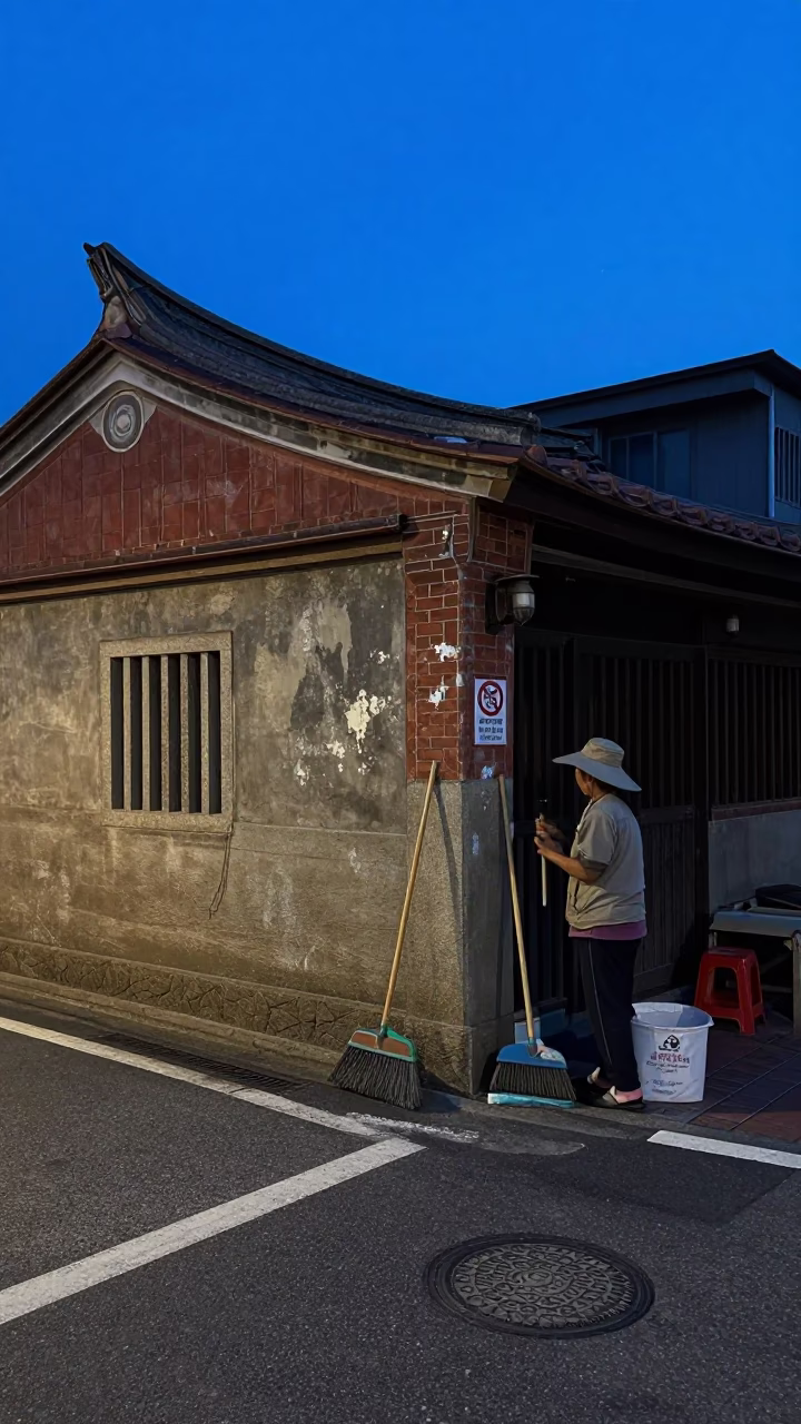 Tainan Taiwan Predawn Street Scene with Hand Broom and Soap Bottle in in Tainan, Taiwan