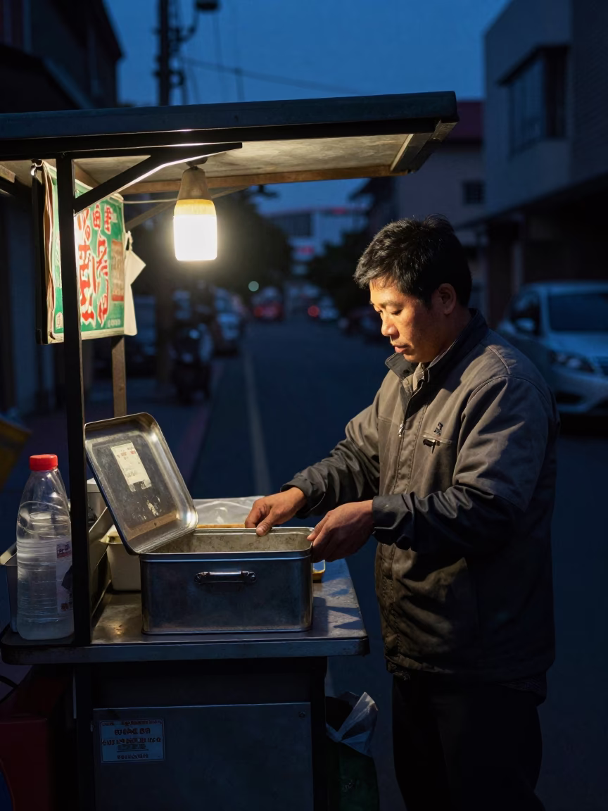 Tainan Taiwan Predawn Street Scene with Tiffin Tin and Local Food Vendor in in Tainan, Taiwan