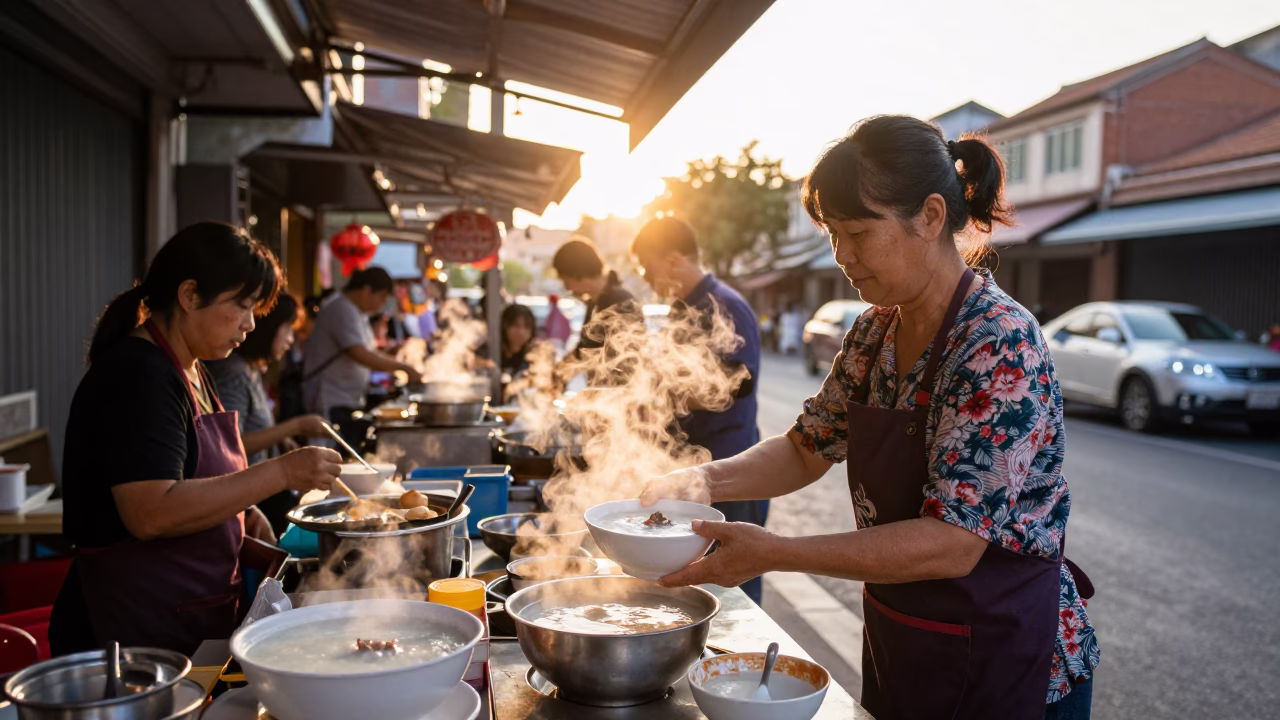 Tainan Taiwan Street Breakfast Scene with Congee and Morning Light in in Tainan, Taiwan