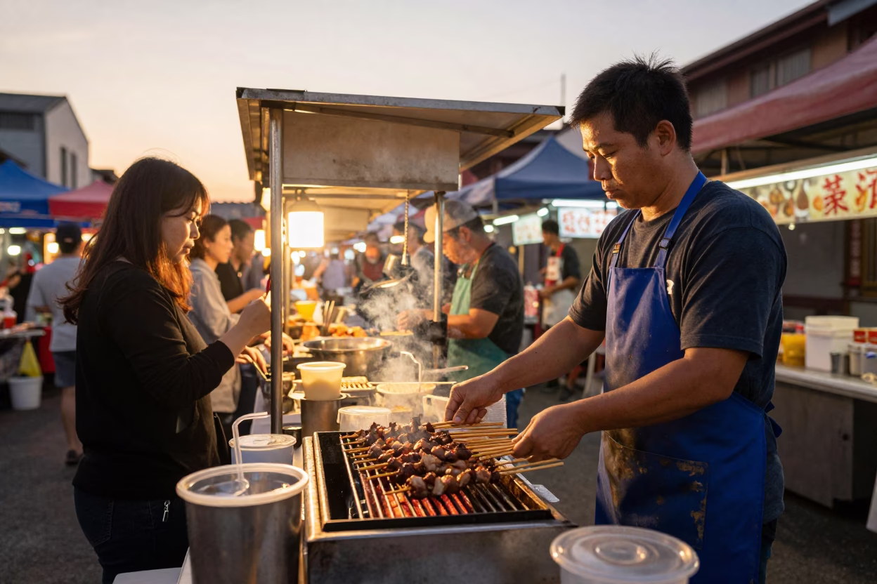 Tainan Taiwan Street Food Stall Golden Hour Busy Night Market Scene in in Tainan, Taiwan