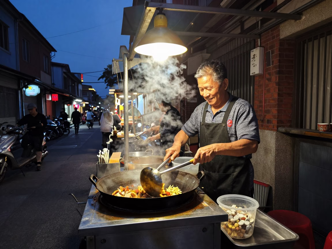Tainan Taiwan street food vendor cooking at dusk with glowing city lights in in Tainan, Taiwan