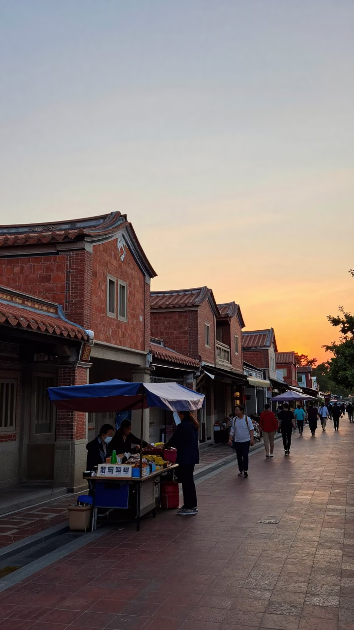 Tainan Taiwan Street Scene at Dusk with Local Vendor and Traditional Rickshaw in in Tainan, Taiwan